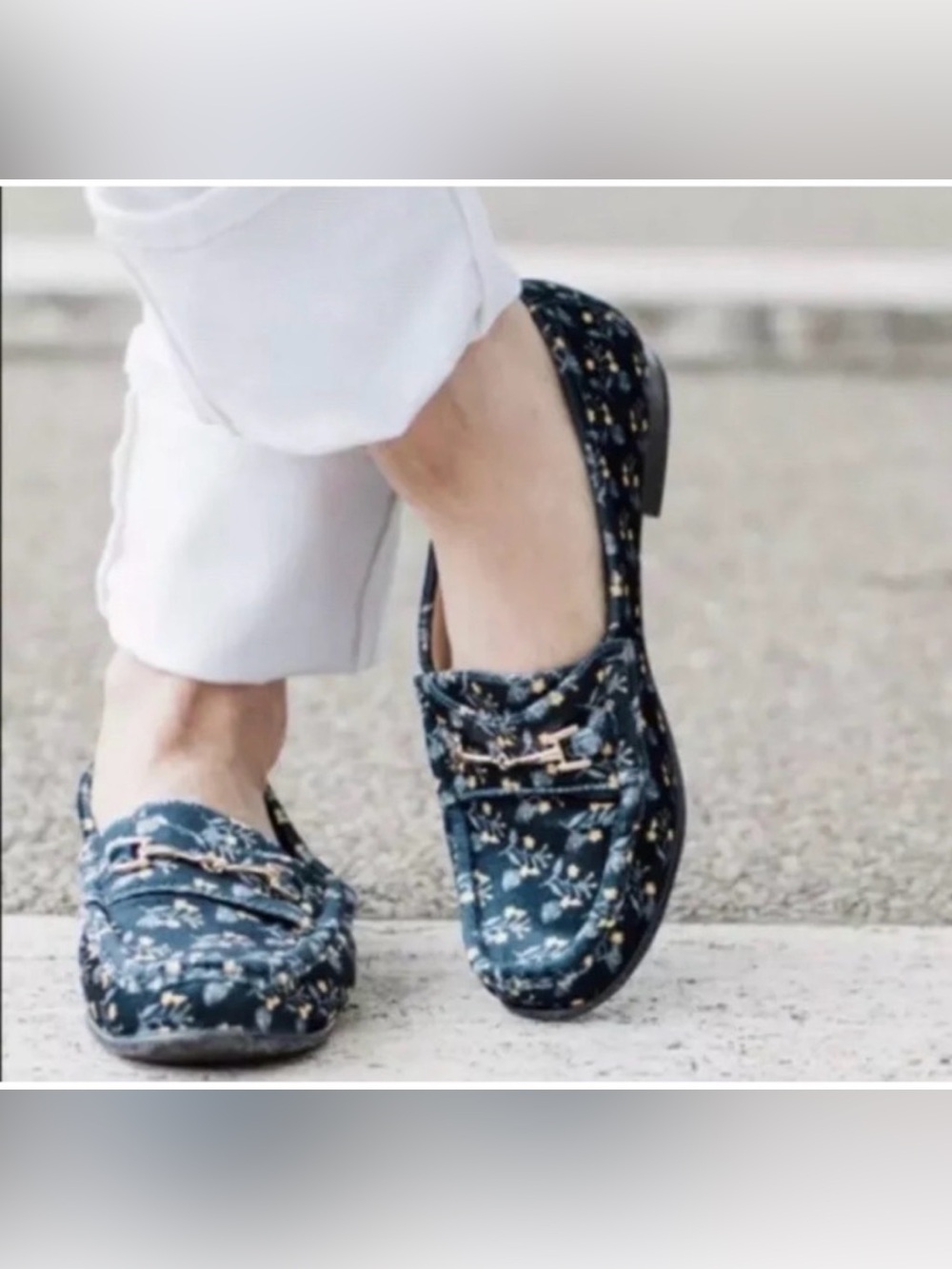 CAbi Teal Floral Velvet Loafers with Gold Accent